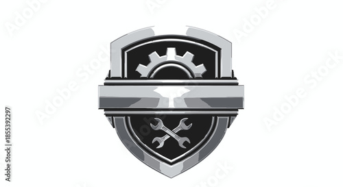 A sleek vector illustration of a metallic shield emblem, prominently displaying a gear and crossed wrenches, symbolizing robust engineering and mechanical service.