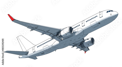 A detailed vector illustration of a modern passenger jet airliner ascending into the sky, showcasing its design and the power of its engines, ideal for aviation and travel themes.