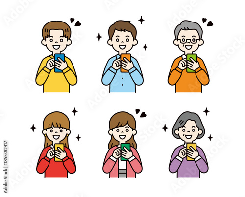 スマートフォンを見て喜ぶ・感激する、様々な年齢の人物のベクターイラスト素材セット＿カラー