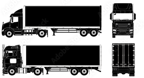 A detailed black vector silhouette illustration of a heavy semi-truck with a large cargo trailer, depicted from multiple perspectives for design projects.