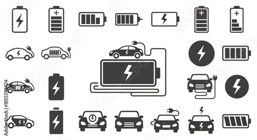 A vector illustration depicts a collection of electric vehicle charging icons, showcasing batteries and cars, symbolizing the shift towards sustainable transportation and renewable energy.