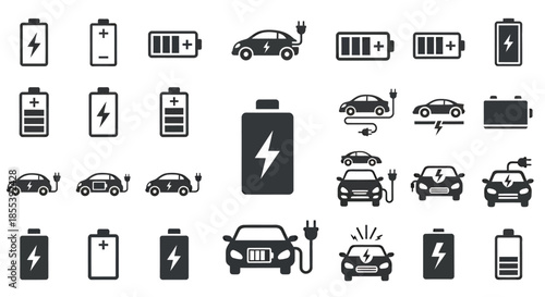 A collection of vector illustrations showcasing electric vehicle charging and battery icons, perfect for representing sustainable transportation and renewable energy concepts.