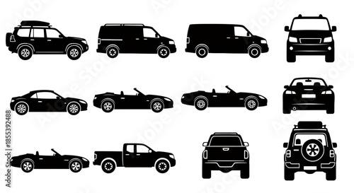 A comprehensive collection of black silhouette vector icons showcasing various modern car types from multiple perspectives on a clean white background.