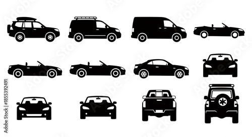 A collection of different vehicle silhouettes are artistically arranged in a vector format, offering a wide range of transportation options for design projects.