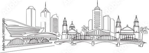 Minimal black single-line illustration of Manila skyline, isolated