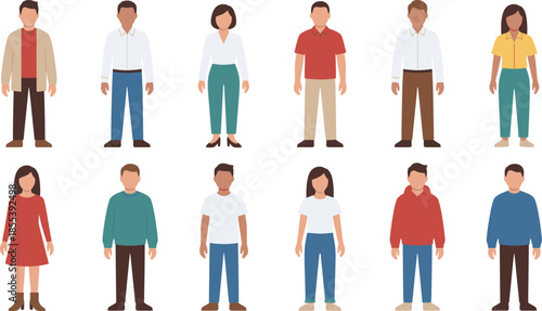 Diverse people illustration set, men and women standing together, casual everyday outfits, modern flat vector characters, community lifestyle concept