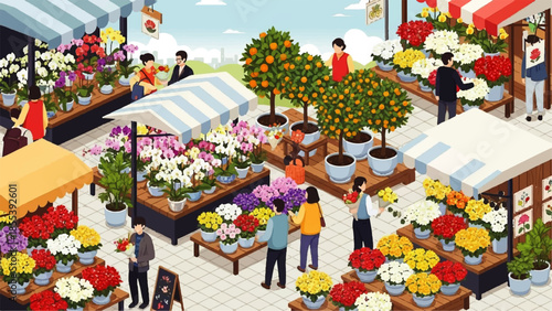 Vibrant Chinese New Year Celebration at Bustling Flower Market with People Shopping