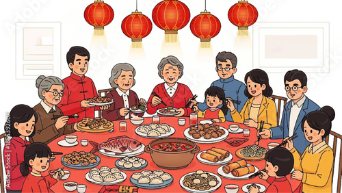 Family Gathering During Chinese New Year Celebration with Traditional Feast and Red Lanterns