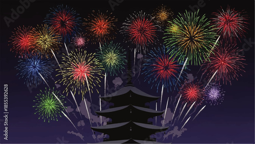 Vibrant Chinese New Year Celebration Fireworks Illuminating Pagoda at Dusk