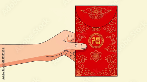 Hand holding red envelope with golden patterns during Chinese New Year celebration