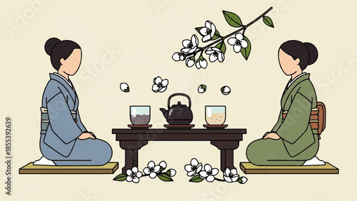 Celebrating Chinese New Year with traditional tea ceremony between two serene women surrounded by plum blossoms