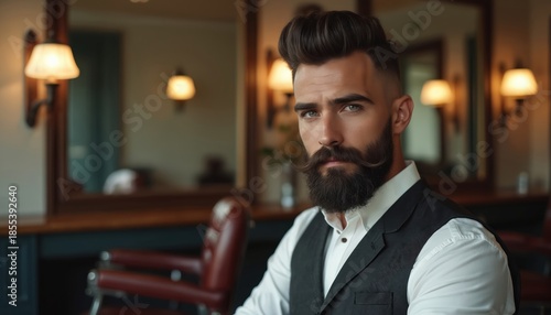 Man with trendy beard and stylish haircut poses in barbershop. Bearded guy with classic look sits in vintage chair. Male grooming and dapper style.