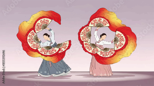 Vibrant Chinese New Year Celebration with Dancers holding Red and Yellow Fans in Traditional Costumes