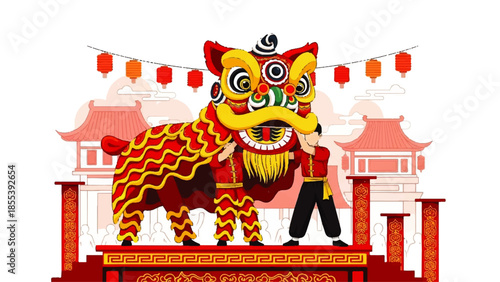 Vibrant Chinese New Year Celebration with Lion Dance Performance on Traditional Stage