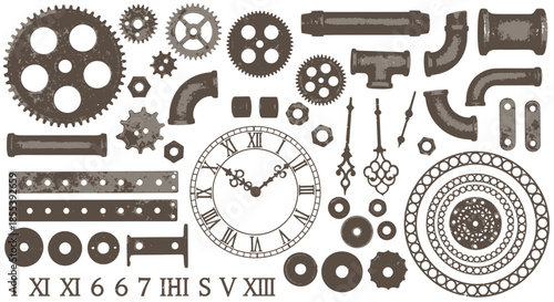Detailed vector illustration showcasing an array of steampunk-inspired mechanical components, including gears, pipes, clock faces, and decorative elements on a white background.