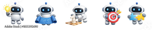 3D Minimalist Icon Set of AI Robot Strategy and Planning, featuring chess, target, and ideas on transparent background.