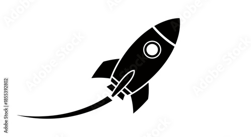 A sleek, black and white vector illustration of a rocket taking off against a clean white backdrop, symbolizing innovation and forward progress in technology.