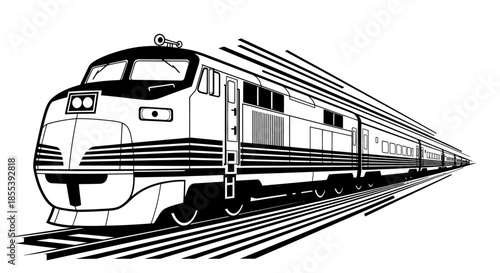 A sleek, modern passenger train is dynamically rendered in a black and white vector style, illustrating speed and efficient railway travel.
