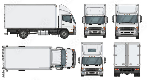 This clean vector blueprint presents a modern white cargo truck from various perspectives, useful for design, logistics, and automotive industry concepts.