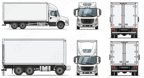 A detailed vector illustration set showcases a modern white commercial delivery truck from multiple angles, perfect for logistics and freight transportation concepts.