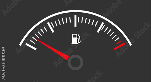 A vector illustration depicts a fuel gauge with a red needle pointing to empty, set against a dark gray background, indicating low fuel level.
