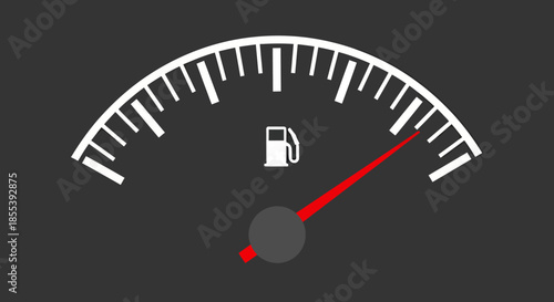 A vector illustration of a fuel gauge with the needle pointing towards empty, symbolizing low gas or a need for refueling on a dark gray background.
