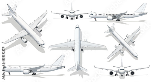 A comprehensive collection of detailed white passenger airplanes, rendered as clean vector illustrations from various perspectives, isolated on a pristine background.