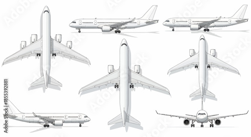 A detailed vector illustration showcases various perspectives of a modern commercial airplane, ideal for aviation enthusiasts and educational materials on aircraft design.
