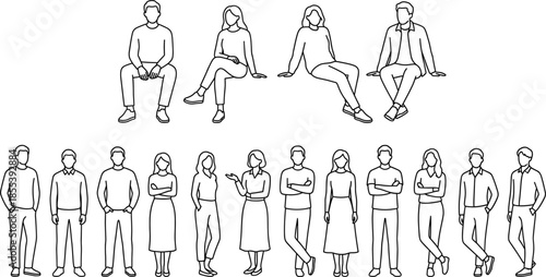 People outline illustration set with men and women sitting and standing poses, casual lifestyle human figures, minimal line vector design