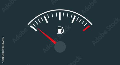 A vector illustration depicts a fuel gauge on a dark background, indicating low fuel levels, suitable for automotive and transportation-related designs and concepts.