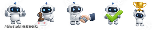3D Minimalist Icon Set of AI Robot Approval and Success, featuring checkmarks, thumbs up, and trophies on transparent background.