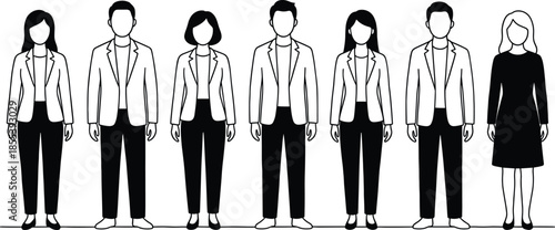Professional business people silhouettes, diverse corporate team standing together, modern office workforce illustration, leadership, teamwork, equality, minimal vector design