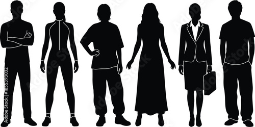 People silhouettes standing together, diverse men and women in casual and business outfits, human figures, black vector illustration isolated