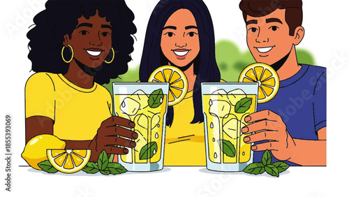 Eco-Techno Fusion Refreshment Scene with Friends Enjoying Lemonade Together