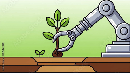 Robotic Arm Nurturing Green Plant in Industrial Landscape