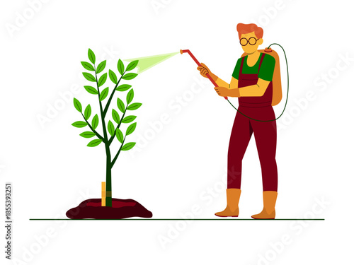 A farmer sprays chemicals on crops for pest control purposes. Urban farming vector illustration. Flat illustration concept.