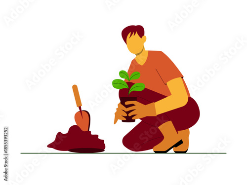 A farmer is working on planting trees in garden. Urban farming vector illustration. Flat illustration concept.
