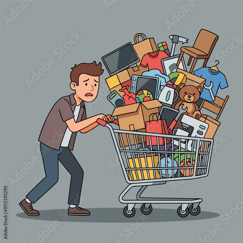Man struggling to push overloaded shopping cart full of items.