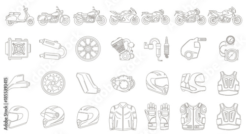 Detailed vector illustration showcasing various motorcycle types and components, presented as a technical drawing for automotive design or engineering purposes.