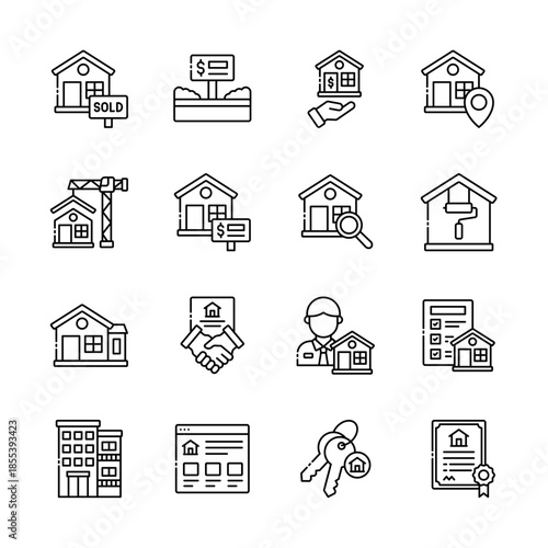 Minimal Real Estate Property Line Icon Set Housing Business Theme