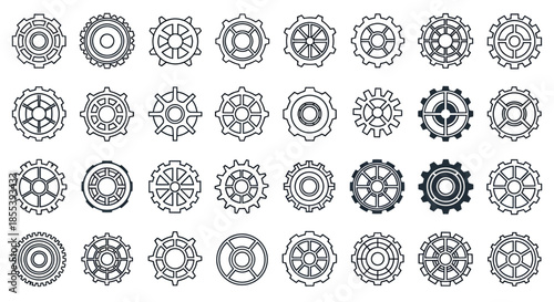 A set of diverse gear icons in a clean vector format, perfect for representing mechanical processes, settings adjustments, and technical concepts in design projects.