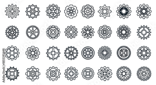 A collection of intricate engine gear vector designs, showcasing a variety of mechanical elements and circular patterns, perfect for technical and industrial illustrations.