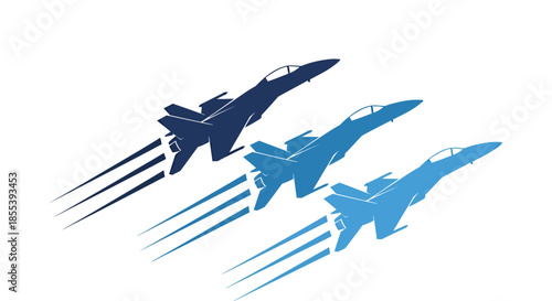 A dynamic vector illustration features three modern fighter jets in a sleek, upward diagonal formation, leaving vibrant blue exhaust trails against a clean white background.