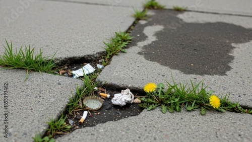 A cracked sidewalk with trash and weeds growing through the cracks on a gray day
