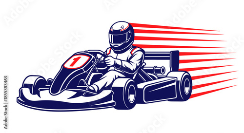 A vibrant vector illustration depicts a go-kart racer speeding along a track, conveying a sense of thrill and competition in motorsports, with motion lines.