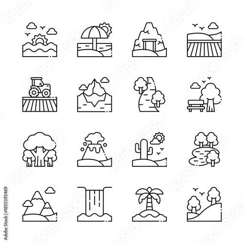 Minimal Nature Landscape Line Icon Set Outdoor Environment Theme