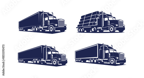A set of four detailed vector illustrations showcasing different types of semi-trucks, designed with a classic, vintage aesthetic, perfect for transport and logistics themes.