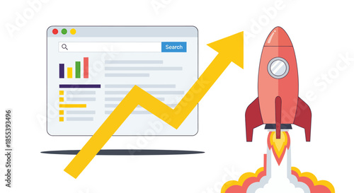 Vector illustration showing a rocket launching next to a browser window displaying a growth chart, representing business growth and success in a digital environment.