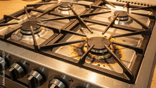 A close-up view of a dirty gas stove with burnt food residue on the burners