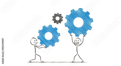 A vector illustration depicts two stick figures collaboratively aligning and lifting large blue gears, symbolizing teamwork, engineering, and mechanical processes.